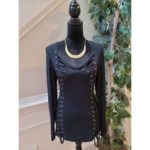 Venus Top Women's Large Black Long Sleeve Lace Up Corset Style Stretch Shirt